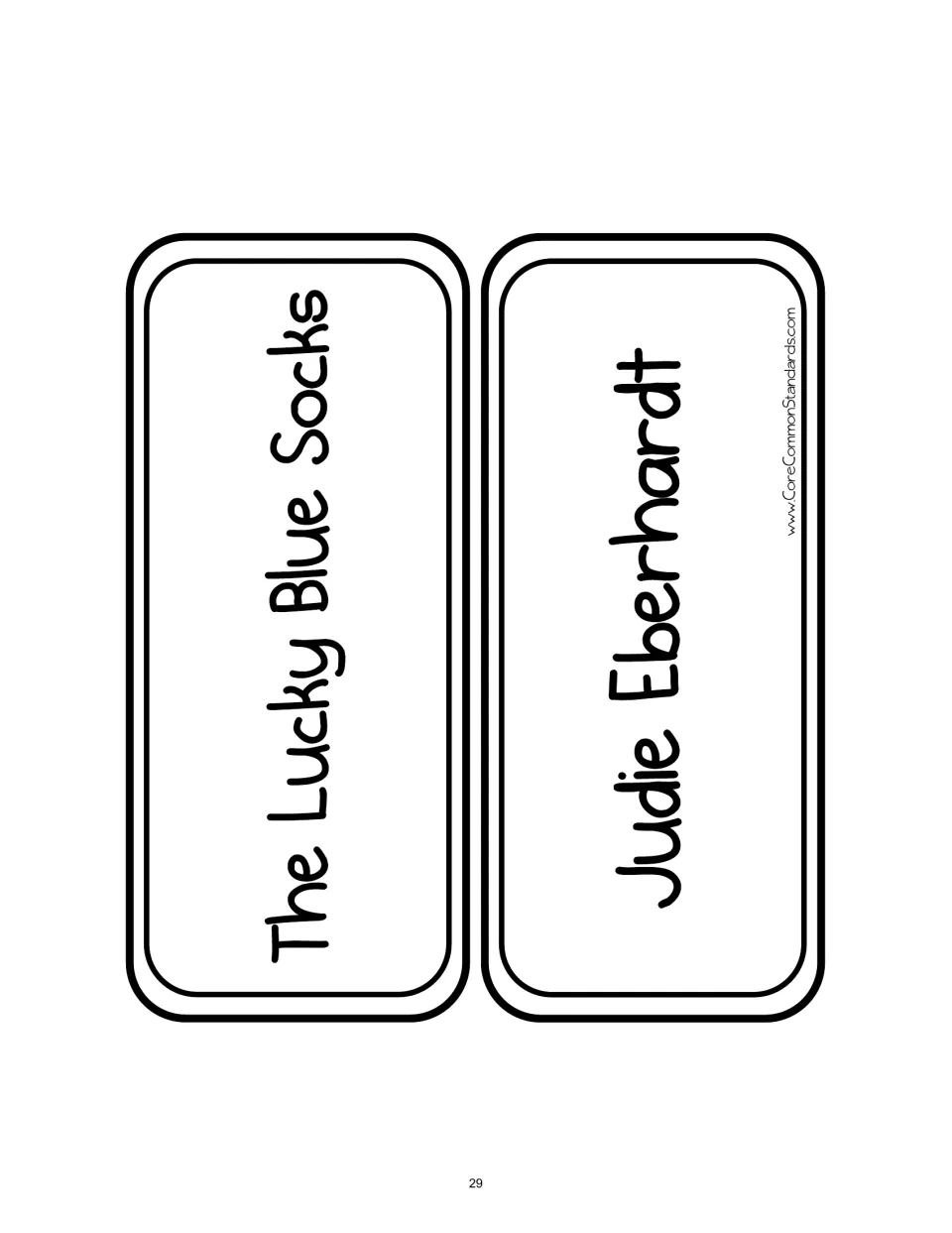 Story-detail cards naming The Lucky Blue Socks and Judie Eberhardt to identify the passage title and author