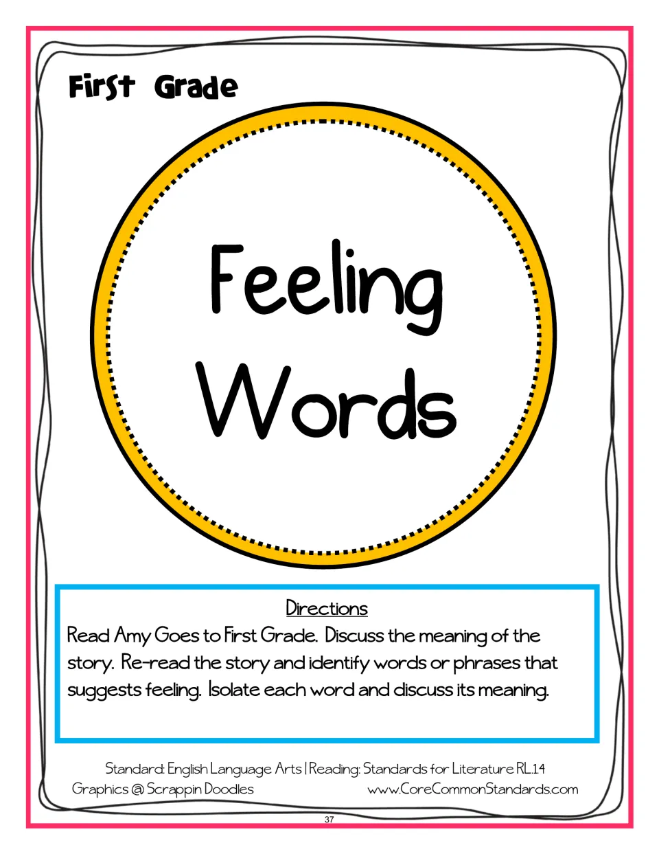 Feeling Words lesson directions: read Amy Goes to First Grade, reread it, and discuss words that suggest feelings