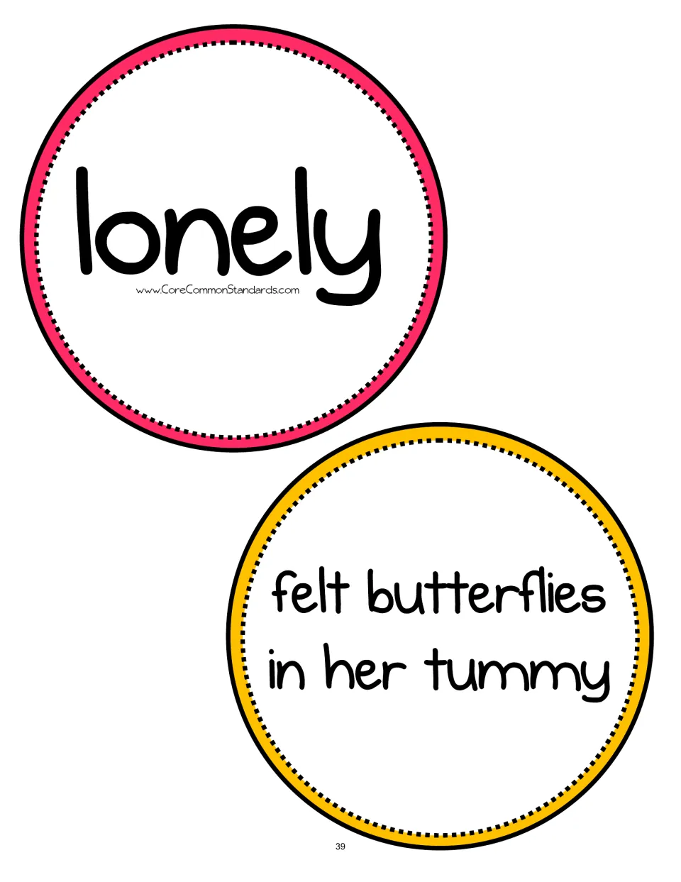 Feeling-word and phrase cards 1–2 of six: lonely and felt butterflies in her tummy, paired with the Amy story