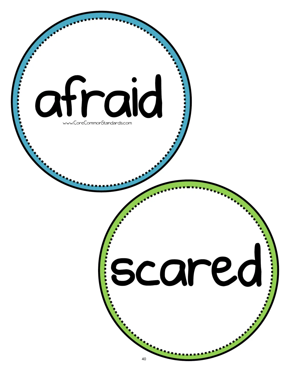 Feeling-word cards 3–4 of six: afraid and scared, words used in Amy Goes to First Grade to express feelings