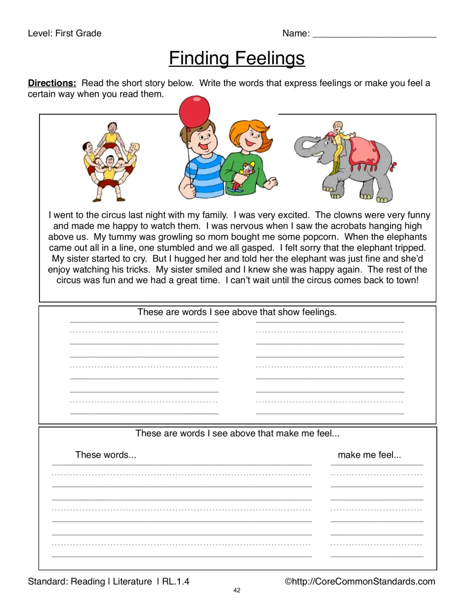 Finding Feelings practice uses a circus story to identify feeling words and explain how its words make readers feel