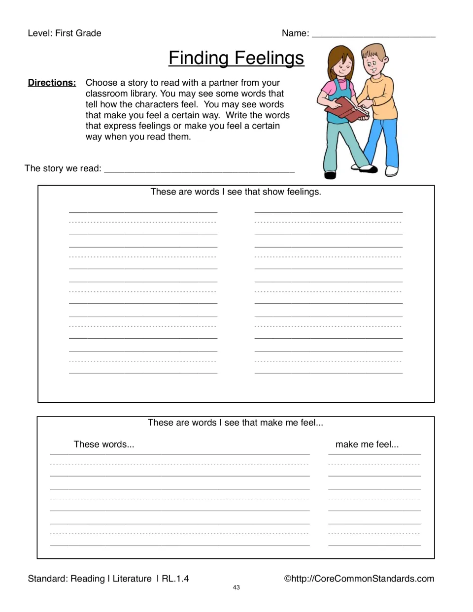 Finding Feelings partner practice asks students to choose a classroom library story and record feeling words