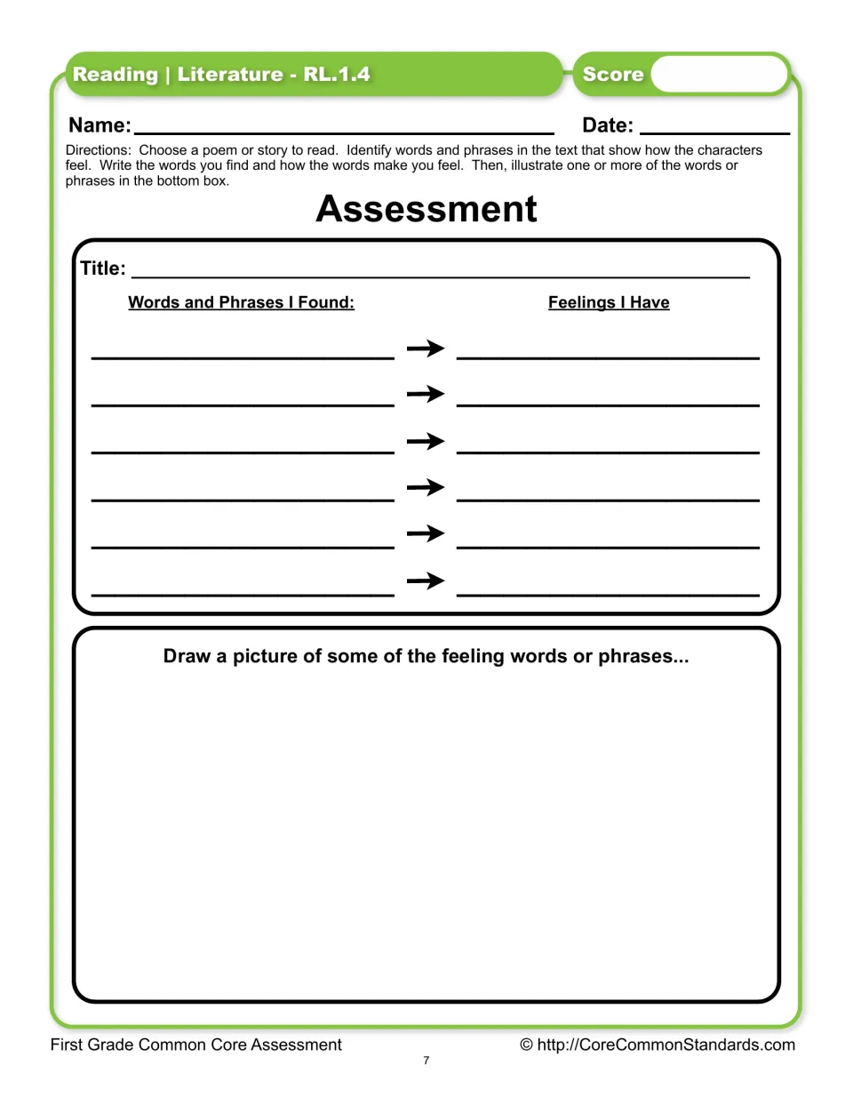 RL.1.4 assessment asks students to find feeling words in a poem or story, record their feelings, and illustrate