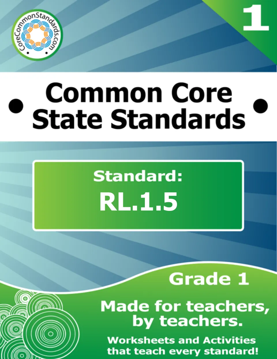 Lesson cover identifying Common Core State Standards RL.1.5 for Grade 1, with worksheets and activities
