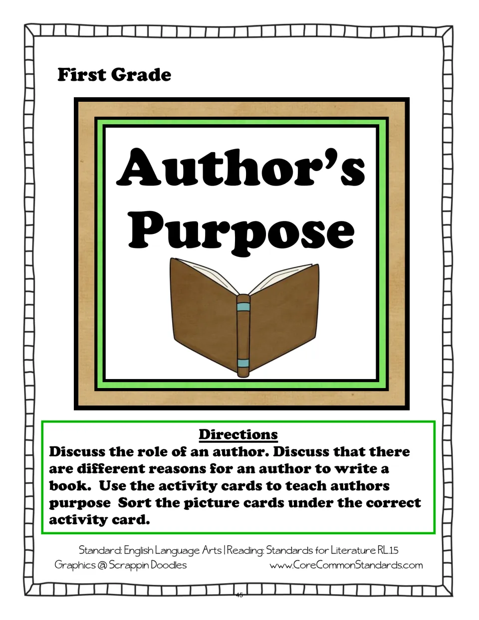 Author's purpose lesson directions: discuss why authors write and sort picture cards under the correct activity card