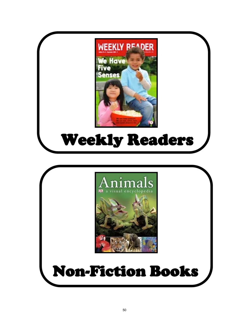 Two inform sorting cards: Weekly Readers showing the five senses and Non-Fiction Books showing an animal encyclopedia