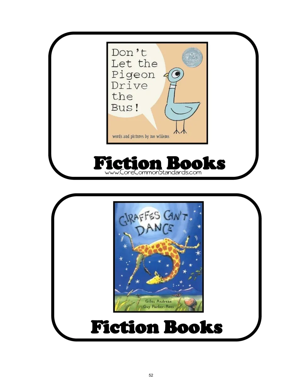 Two entertain sorting cards labeled Fiction Books: Don't Let the Pigeon Drive the Bus! and Giraffes Can't Dance