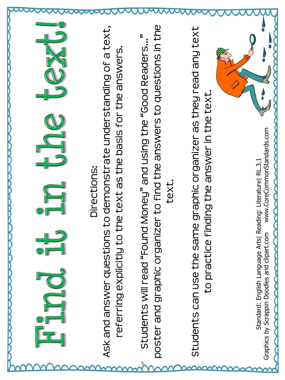 Find it in the text! lesson directions pair Found Money with a reading strategy poster and graphic organizer