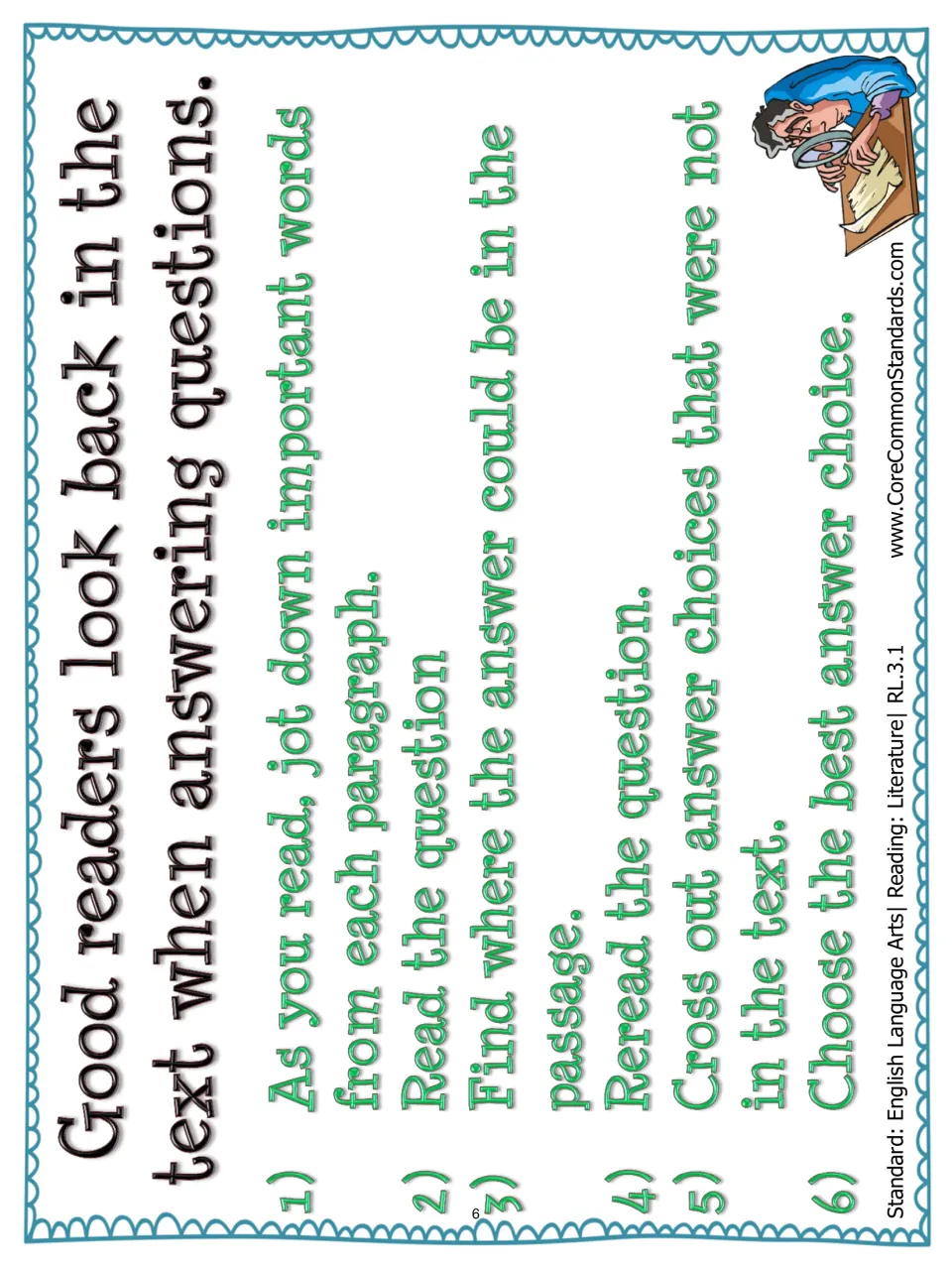 Reading strategy poster lists six steps for looking back in a text, finding answers, and choosing the best answer