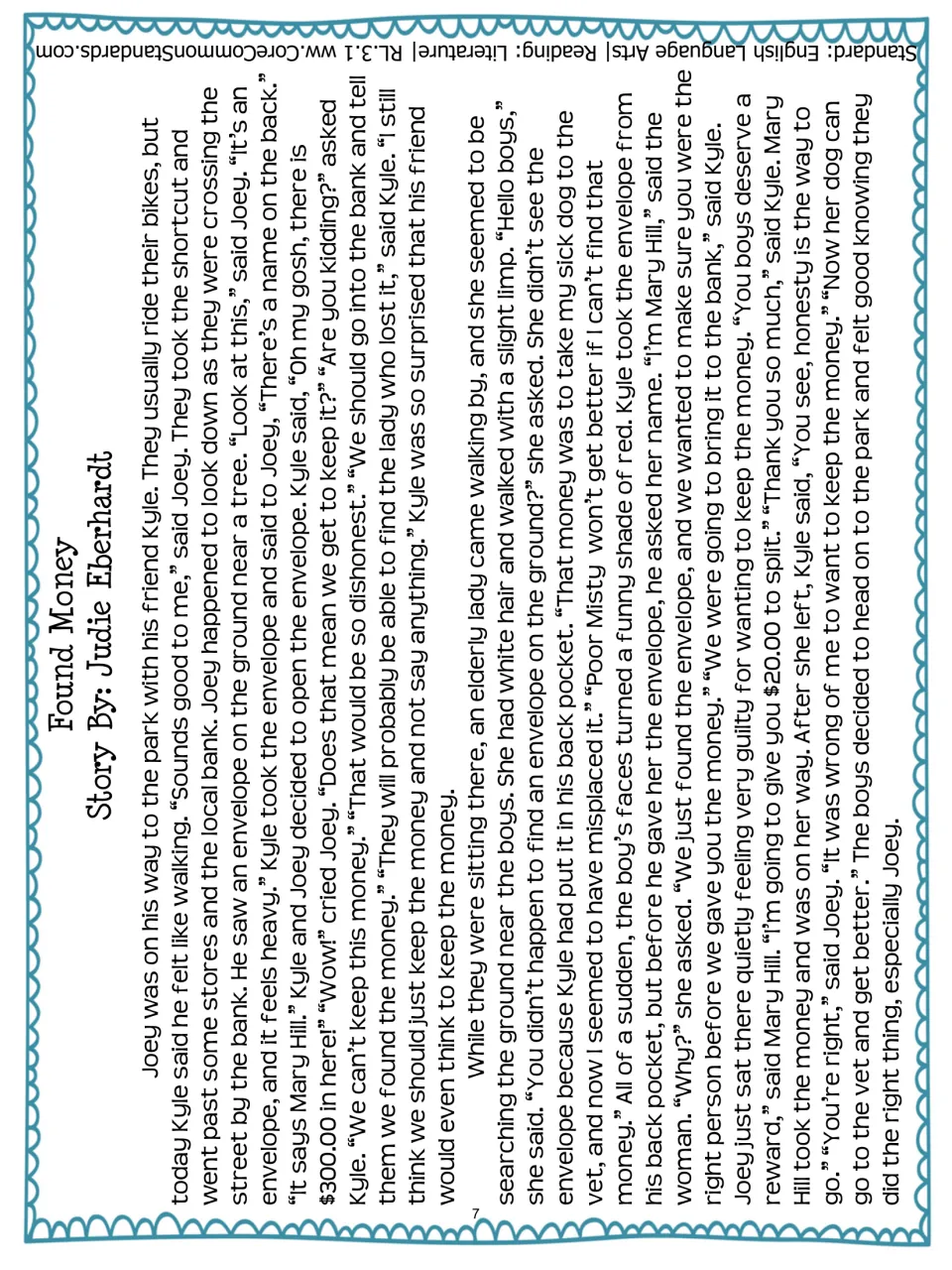 Found Money fiction passage follows Joey and Kyle as they find $300 and return it to its owner, Mary Hill