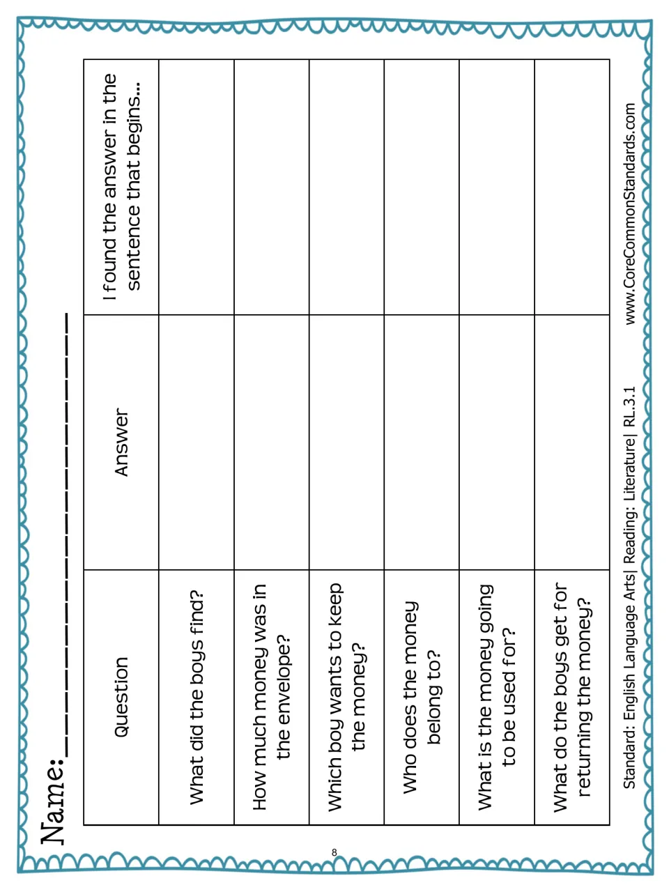 Found Money organizer asks six questions and requests answers plus the opening words of supporting sentences