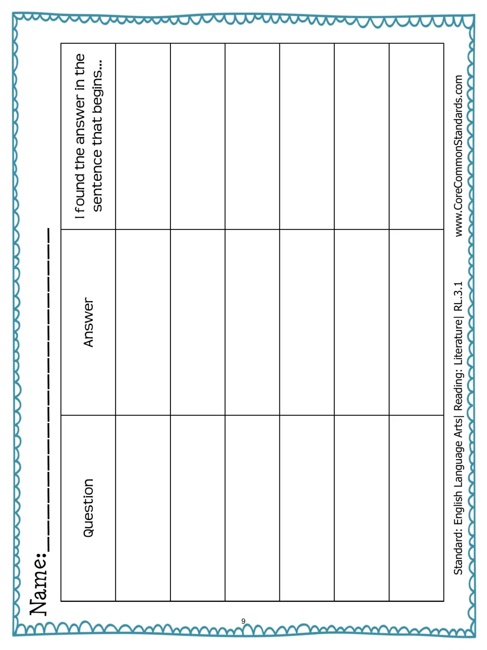 Reusable reading organizer asks students to record questions, answers, and the beginnings of evidence sentences
