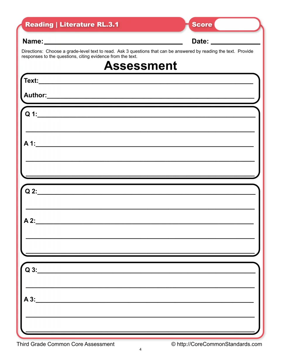 Reading assessment asks students to choose a text, write three questions, and answer them using text evidence
