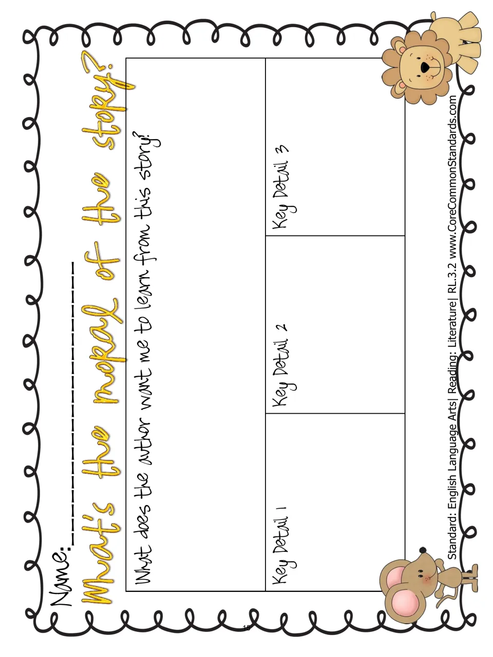 Moral graphic organizer asks what the author wants readers to learn and requests three supporting key details