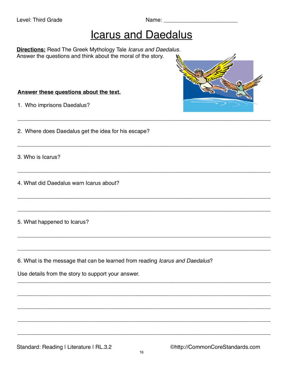 Icarus and Daedalus question sheet asks six questions about the escape, the warning, and the story's message