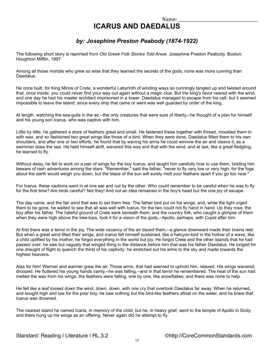 Icarus and Daedalus reading passage by Josephine Preston Peabody recounts an escape using wings made with wax