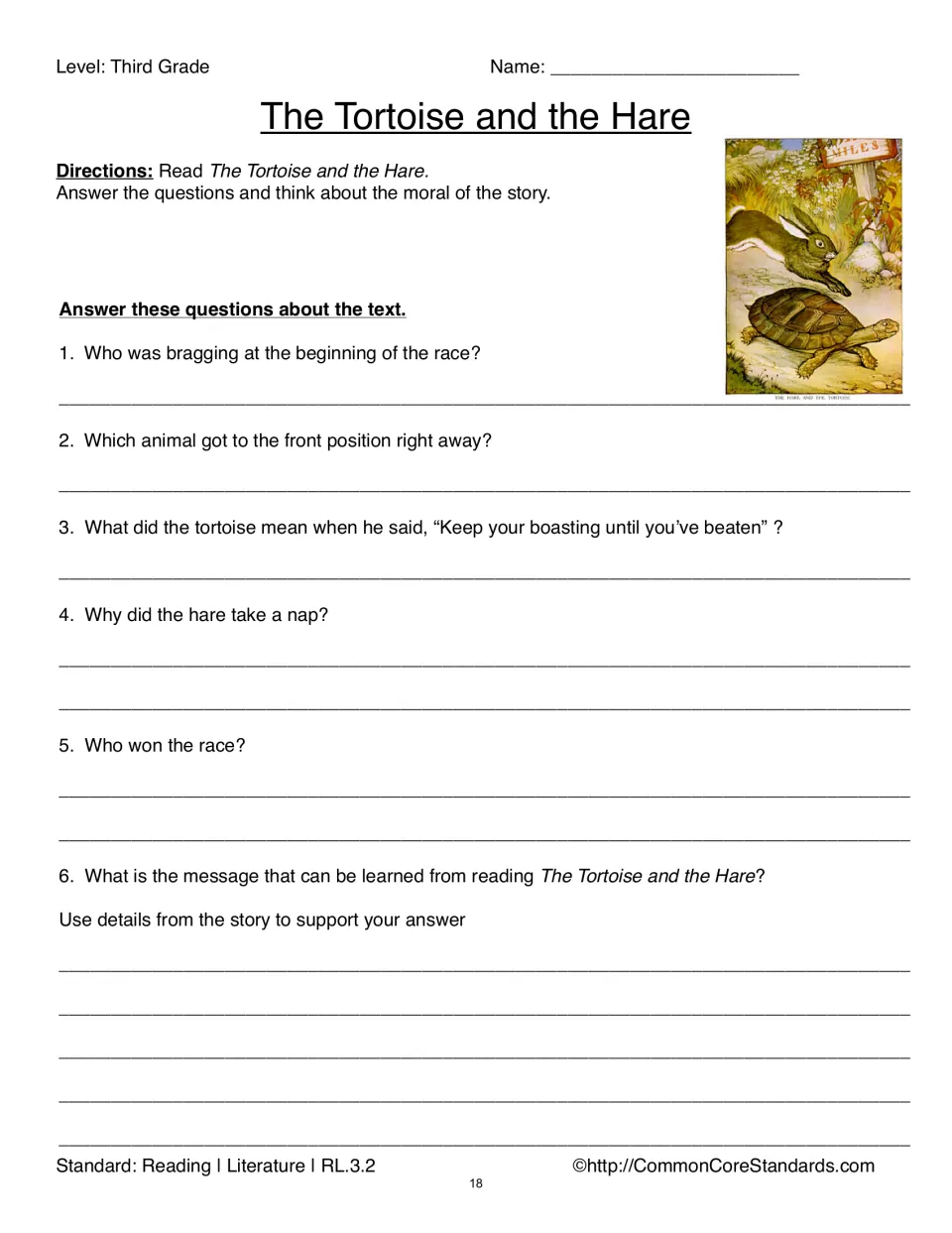 The Tortoise and the Hare question sheet asks six questions about boasting, the race, and the story's message