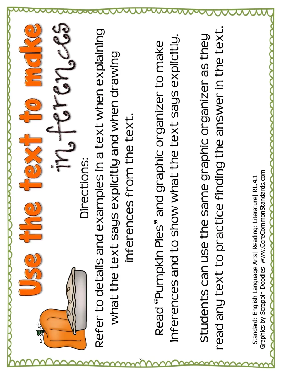 Lesson directions for reading “Pumpkin Pies” and using a graphic organizer to make text-based inferences