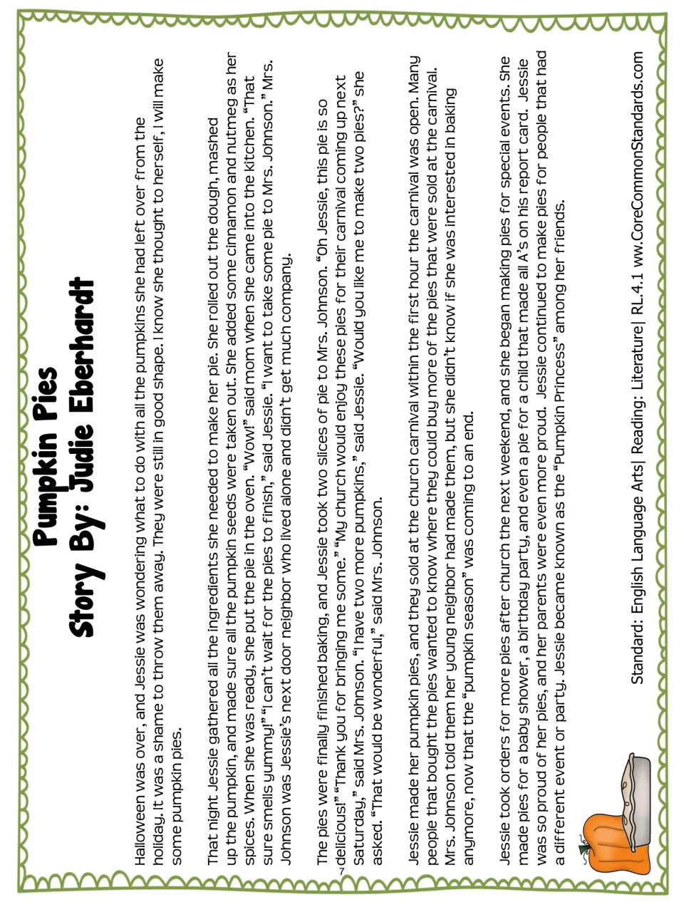 “Pumpkin Pies” reading passage by Judie Eberhart tells how Jessie shares pies and becomes the “Pumpkin Princess”