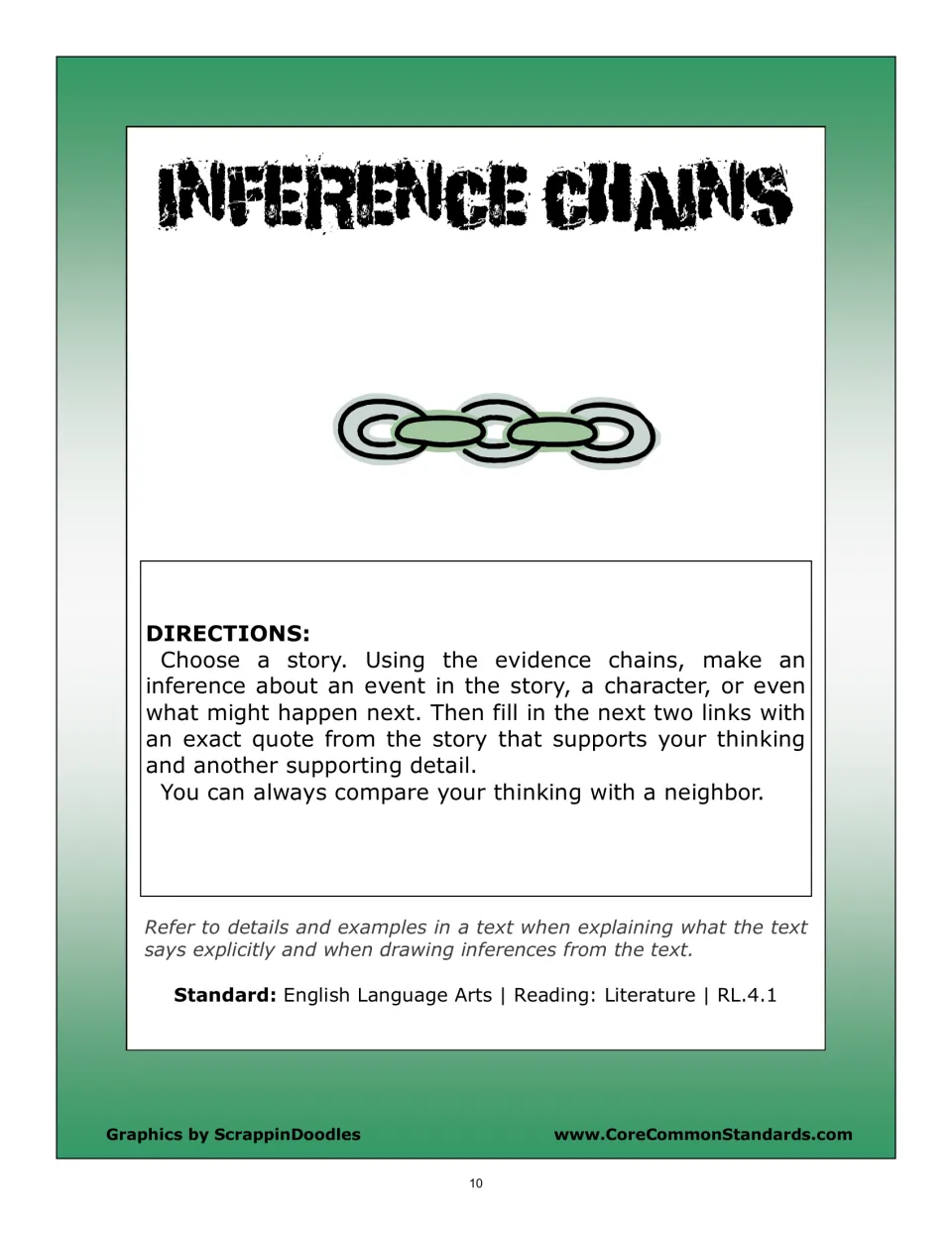 Inference Chains directions ask readers to support a story inference with an exact quote and another detail