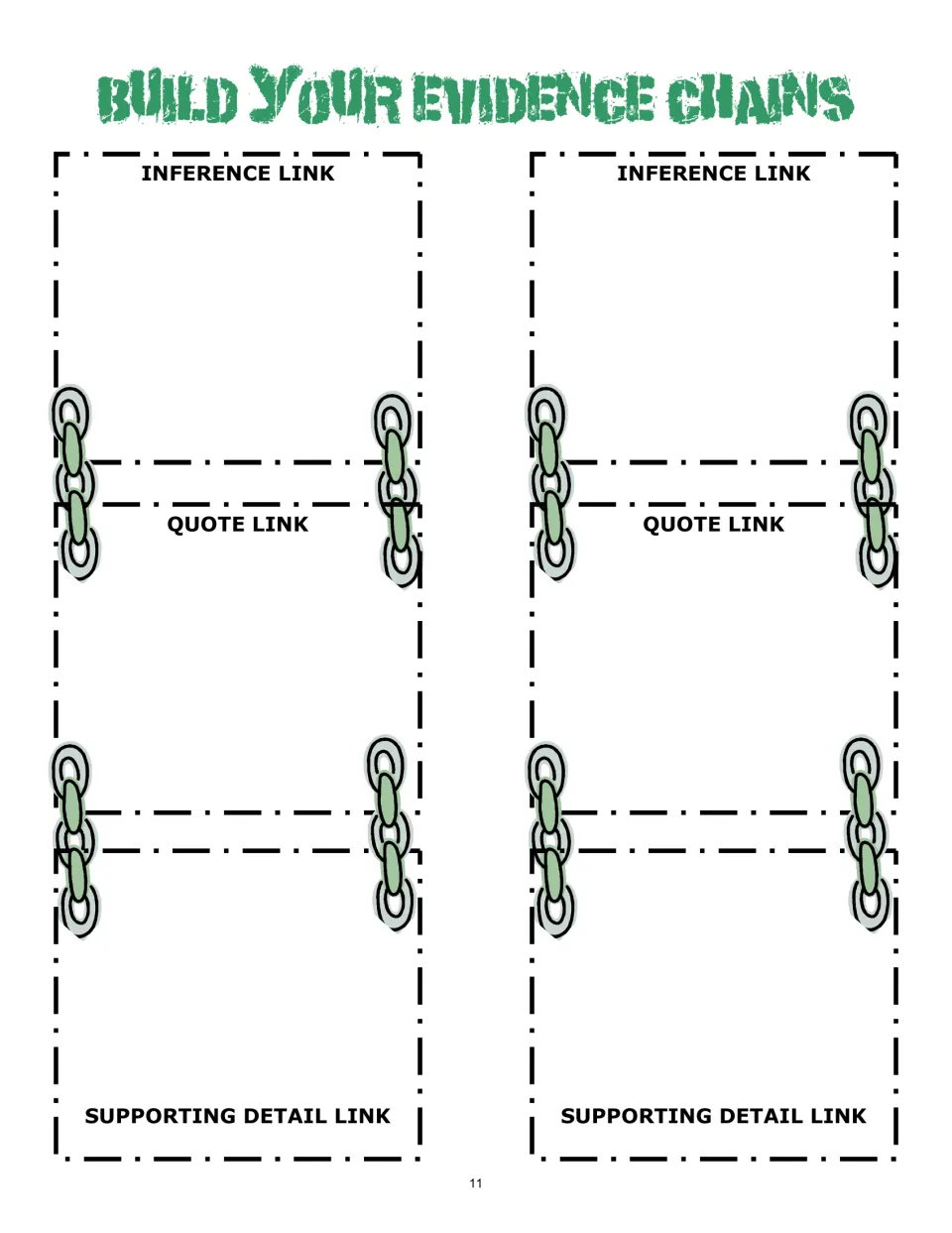 First evidence-chain practice sheet has two chains, each asking for an inference, quote, and supporting detail