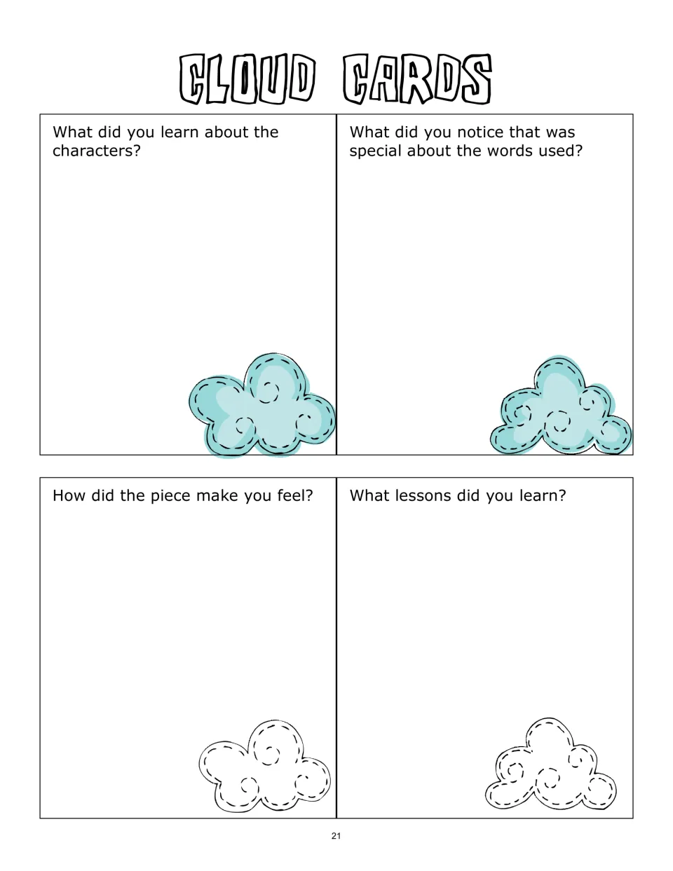 Theme cloud cards 1–4 ask about characters, special words, how the reading made students feel, and lessons learned