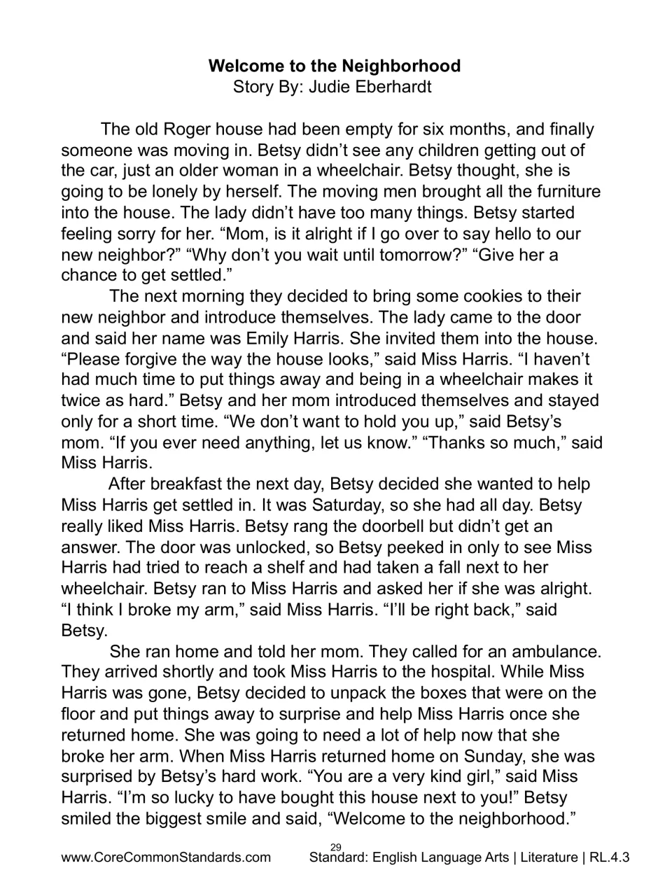 Story passage by Judie Eberhardt follows Betsy as she welcomes and helps her new neighbor, Miss Harris