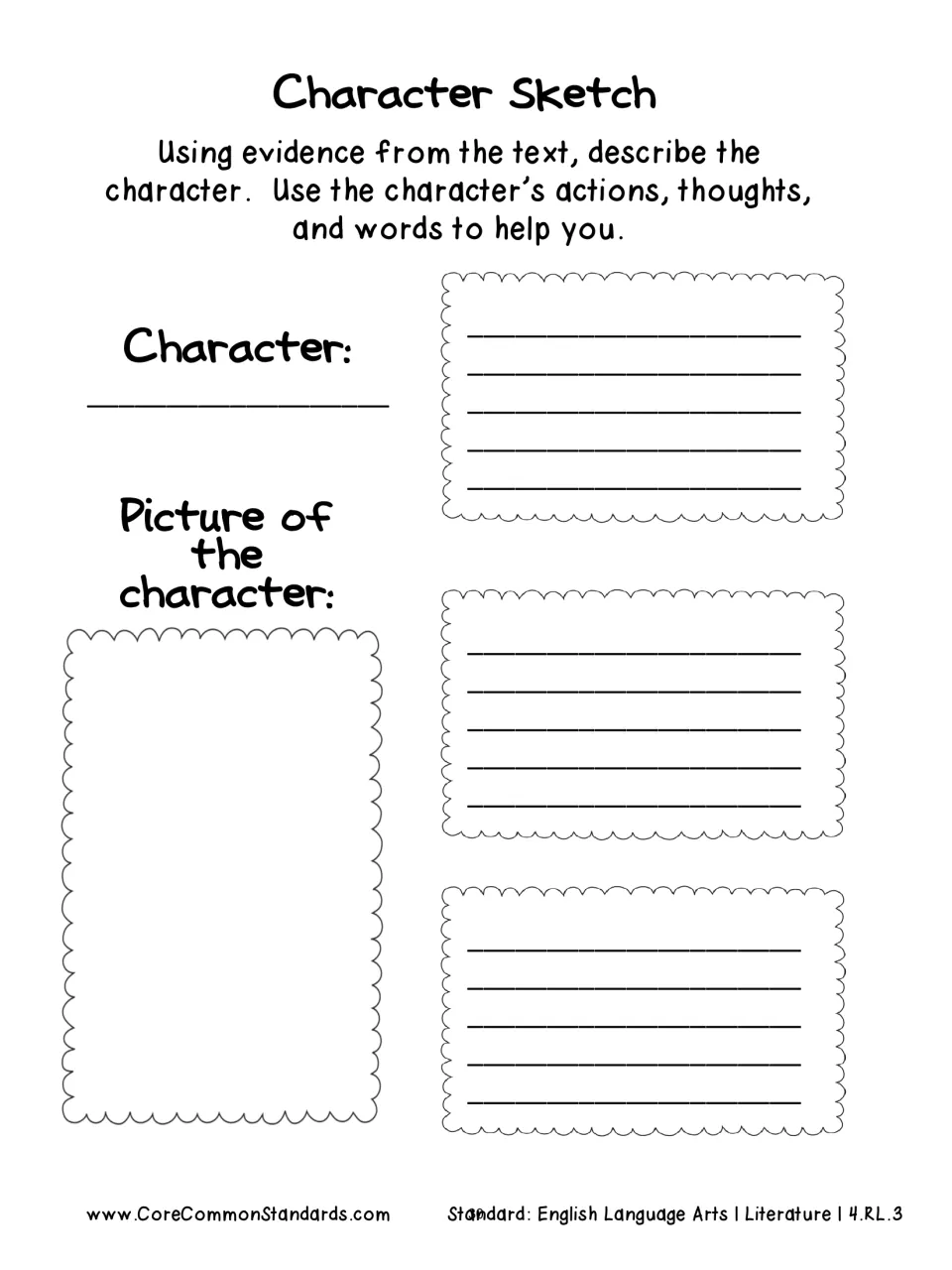 Character Sketch response sheet asks students to draw and describe a character using evidence from the text