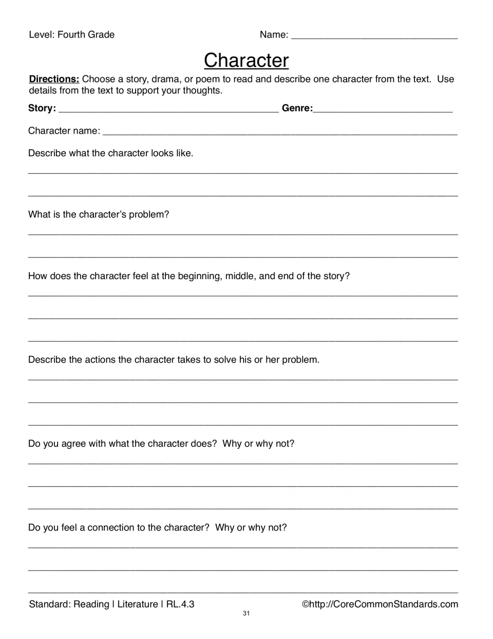 Character worksheet asks about appearance, problems, feelings, actions, and personal connections to a text