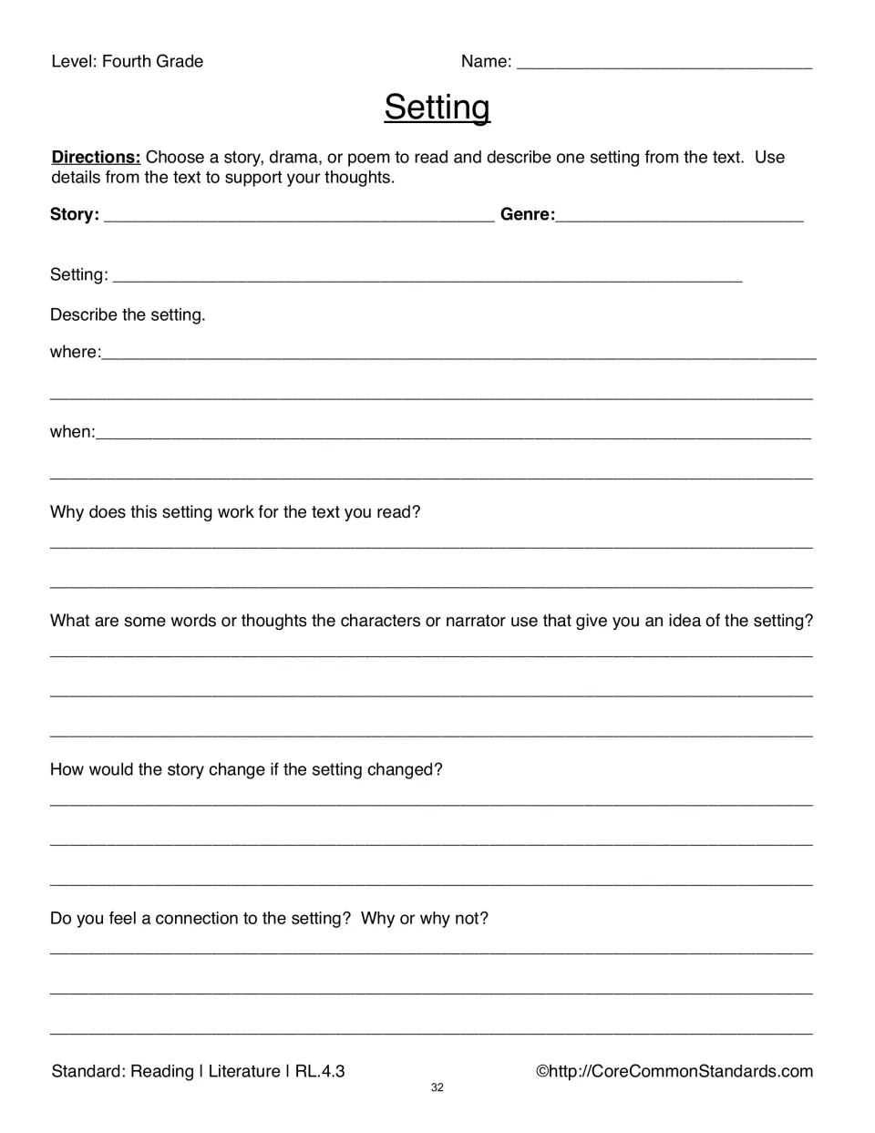 Setting worksheet asks where and when a text takes place, supporting details, and how a change would affect it