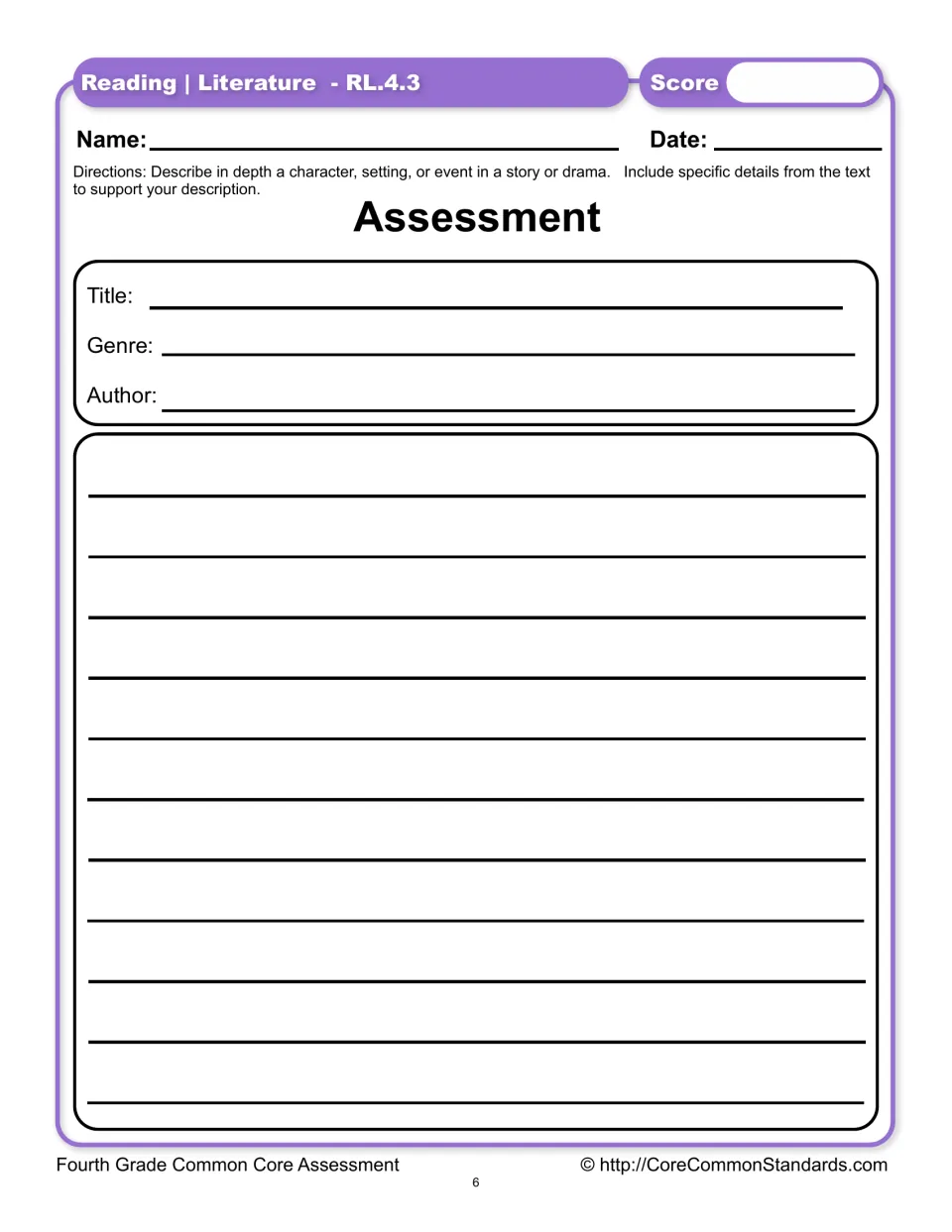 RL.4.3 assessment asks students to describe a character, setting, or event using specific details from a text
