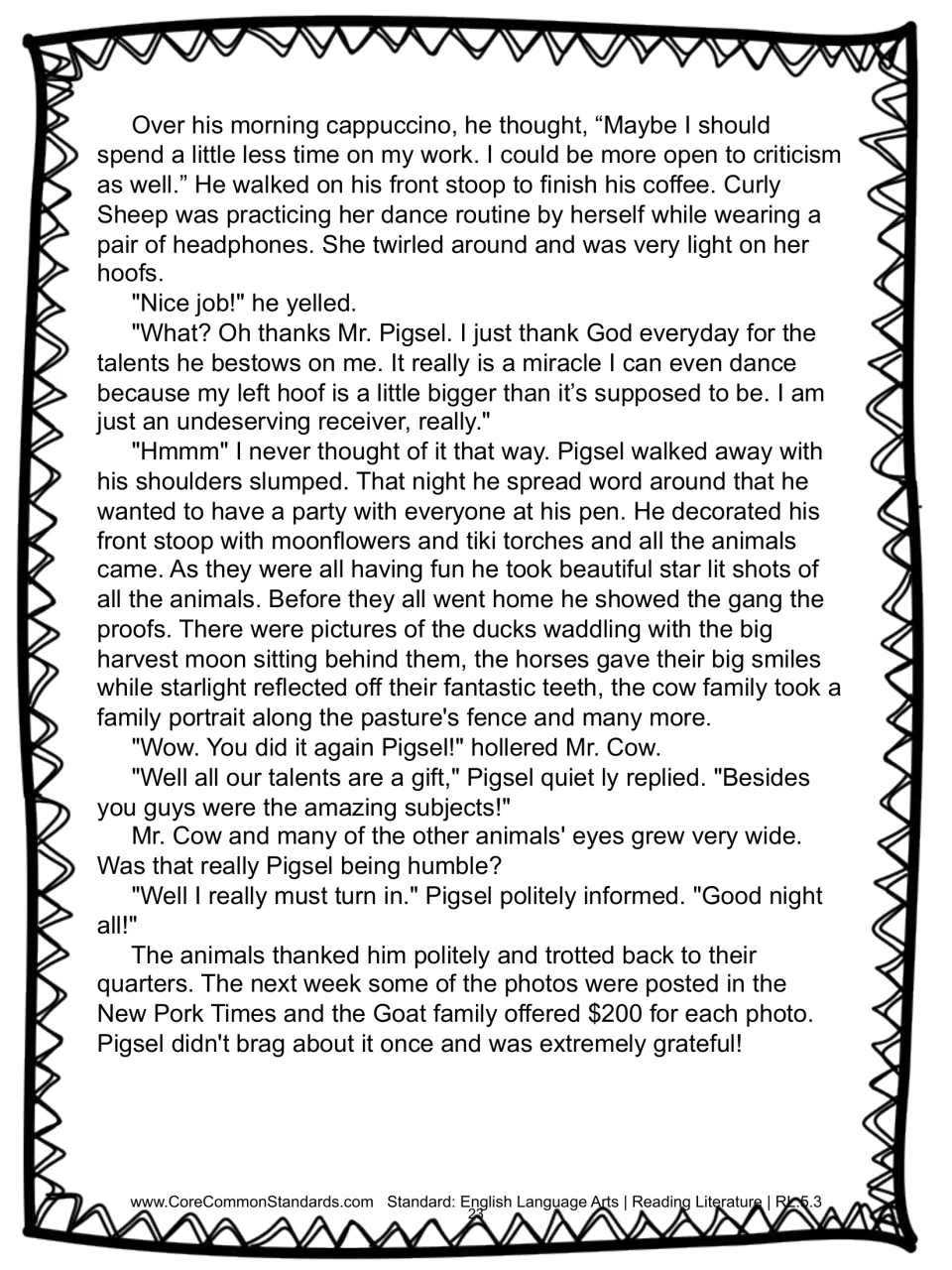 Story part 3: Curly Sheep's gratitude inspires Pigsel to host a party, share his photography, and act humbly