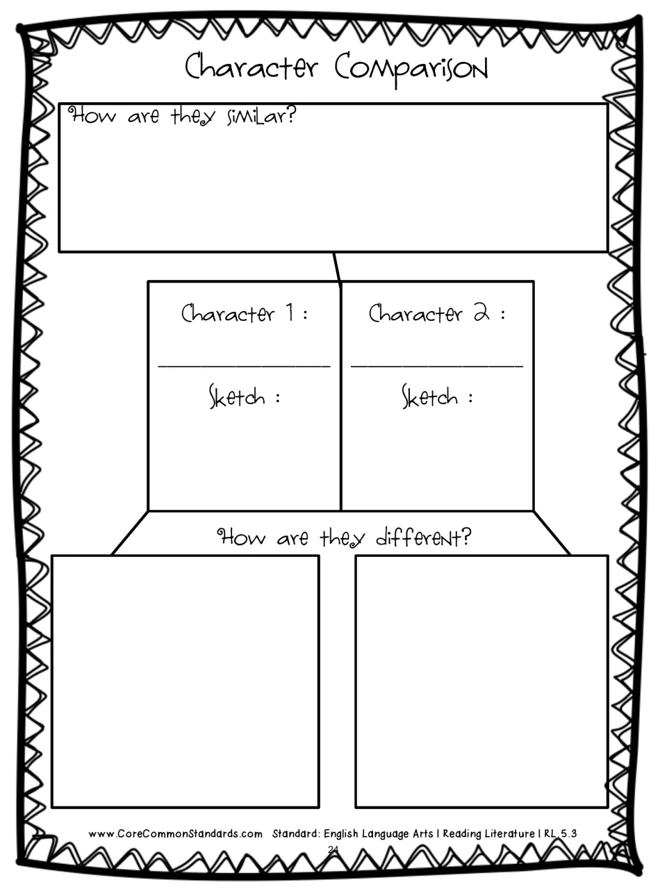 Character Comparison organizer asks students to name and sketch two characters and explain similarities and differences
