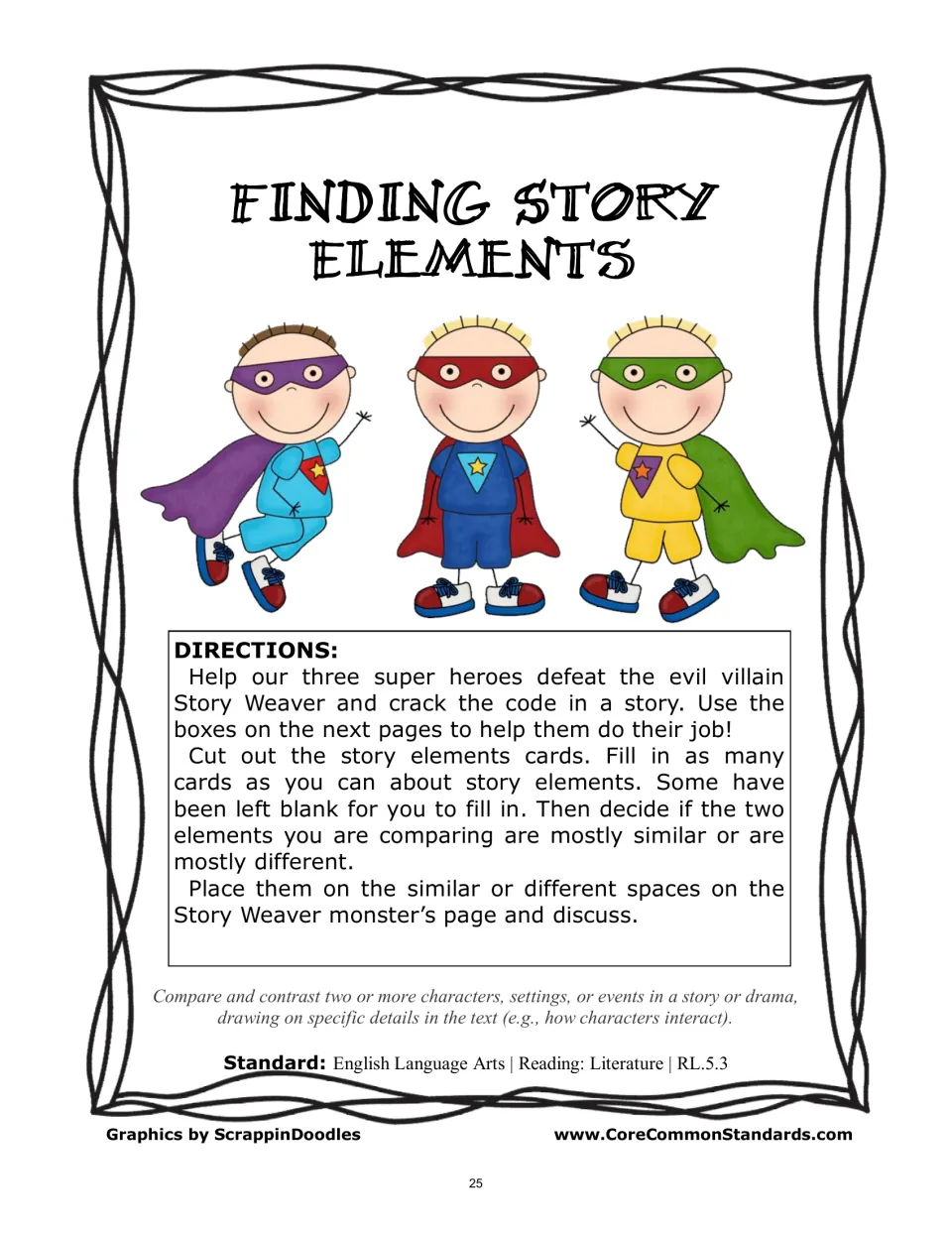 Finding Story Elements directions explain how to complete, cut out, and sort comparison cards as similar or different