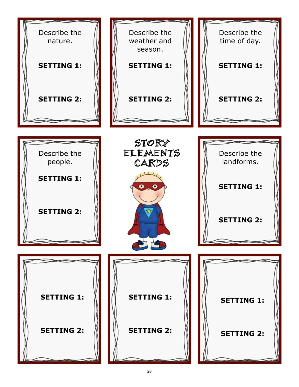 Eight setting-comparison cards: nature, weather and season, time of day, people, landforms, and three blank prompts