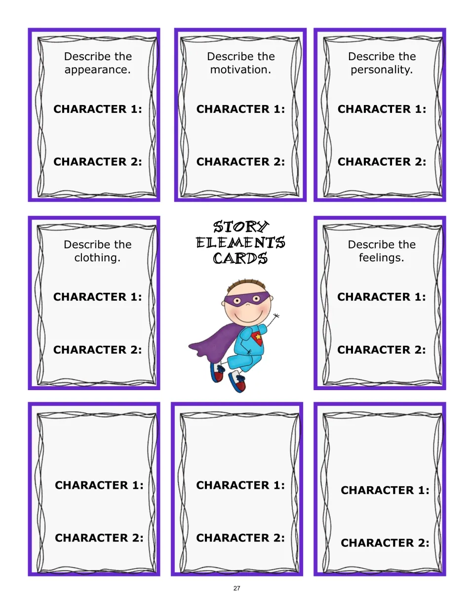 Eight character-comparison cards: appearance, motivation, personality, clothing, feelings, and three blank prompts