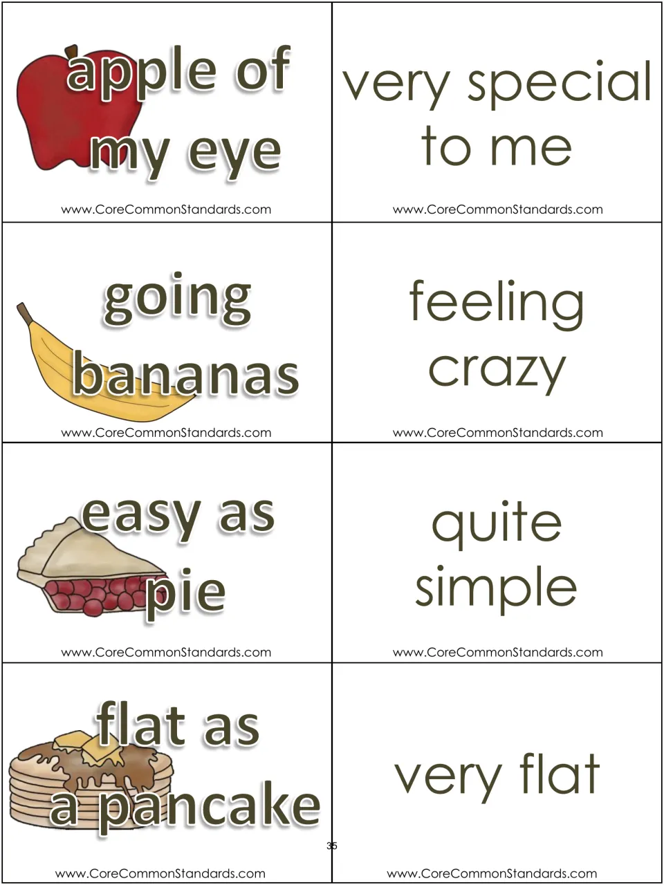 Expression cards 1–4 and definitions: apple of my eye, going bananas, easy as pie, and flat as a pancake