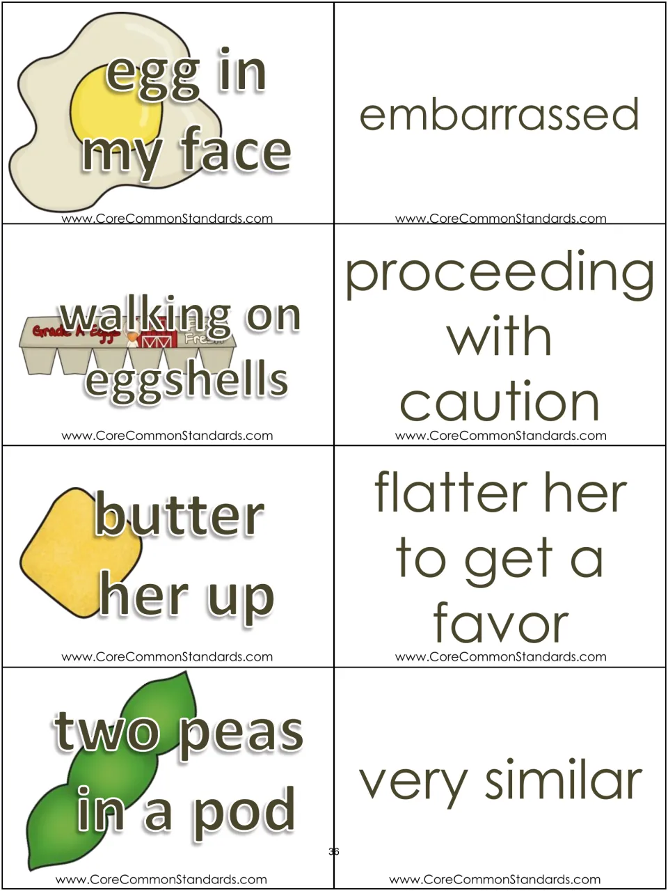 Expression cards 5–8 and definitions: egg in my face, walking on eggshells, butter her up, and two peas in a pod