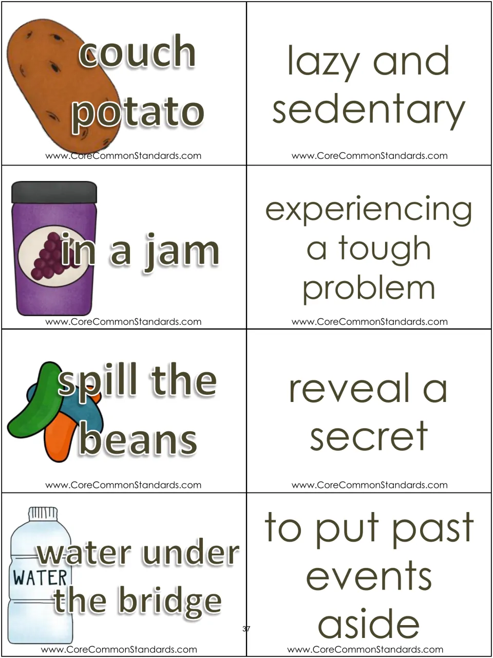 Expression cards 9–12 and definitions: couch potato, in a jam, spill the beans, and water under the bridge