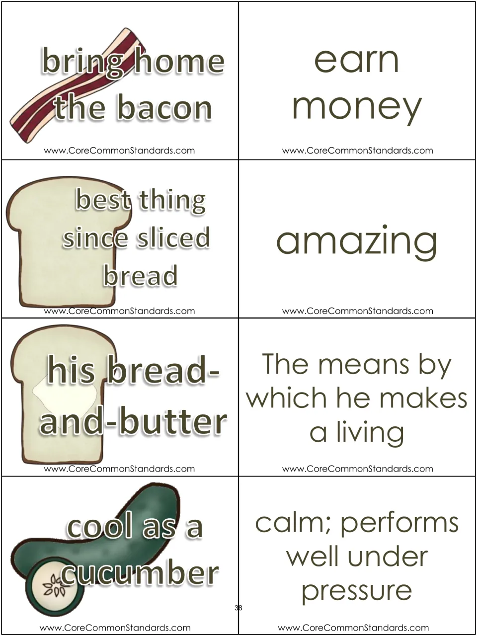 Expression cards 13–16 and definitions include bring home the bacon, his bread-and-butter, and two more