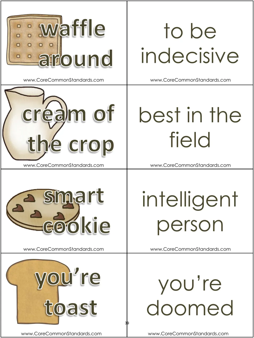 Expression cards 17–20 and definitions: waffle around, cream of the crop, smart cookie, and you’re toast