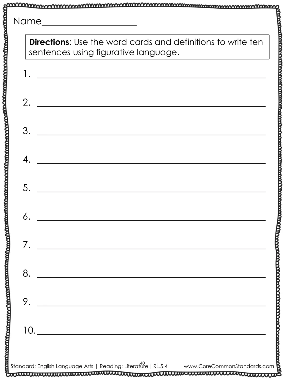 Sentence-writing practice asks students to use the word cards and definitions to write ten figurative sentences