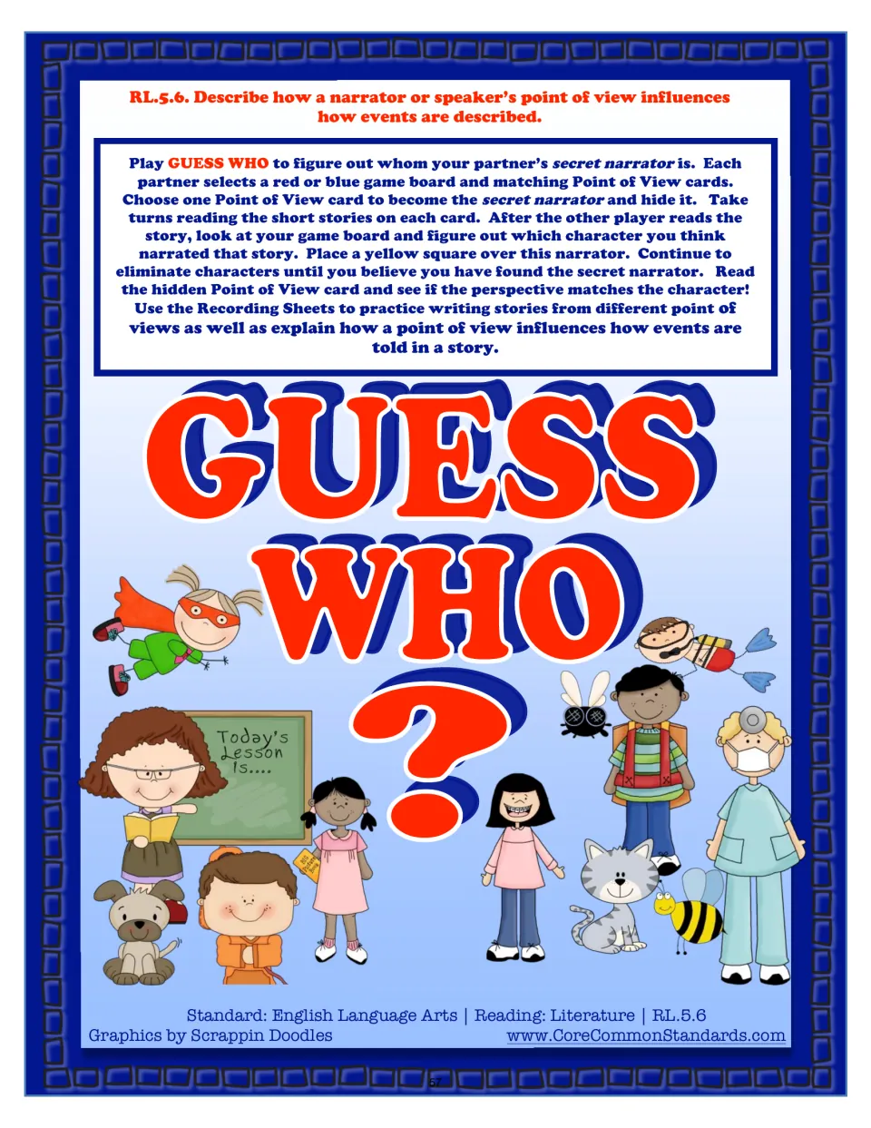 Guess Who game directions explain choosing a secret narrator, reading story cards, and eliminating characters