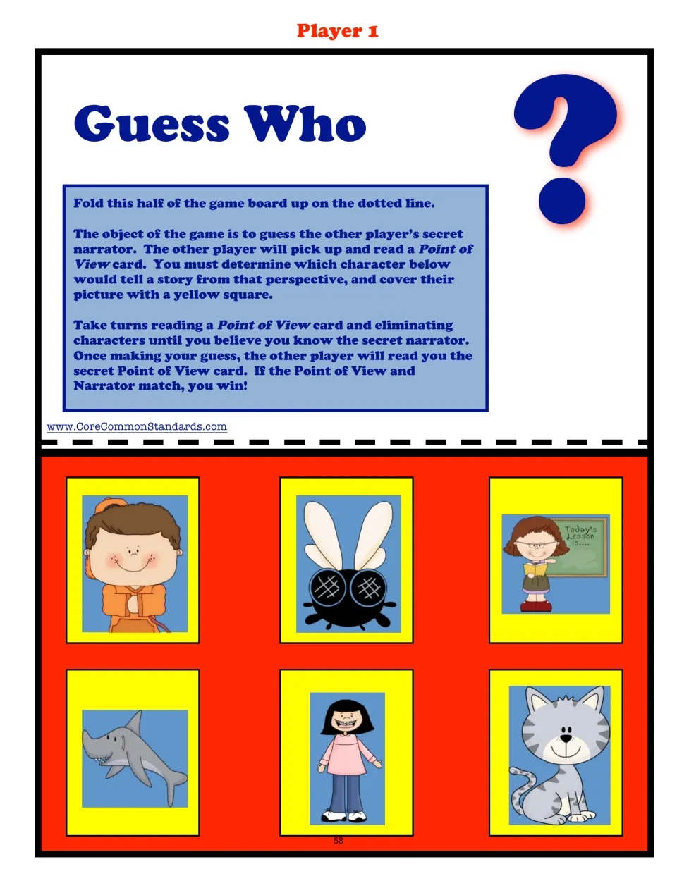 Player 1 game board for guessing narrators: a boy, fly, teacher, shark, girl with braces, and cat