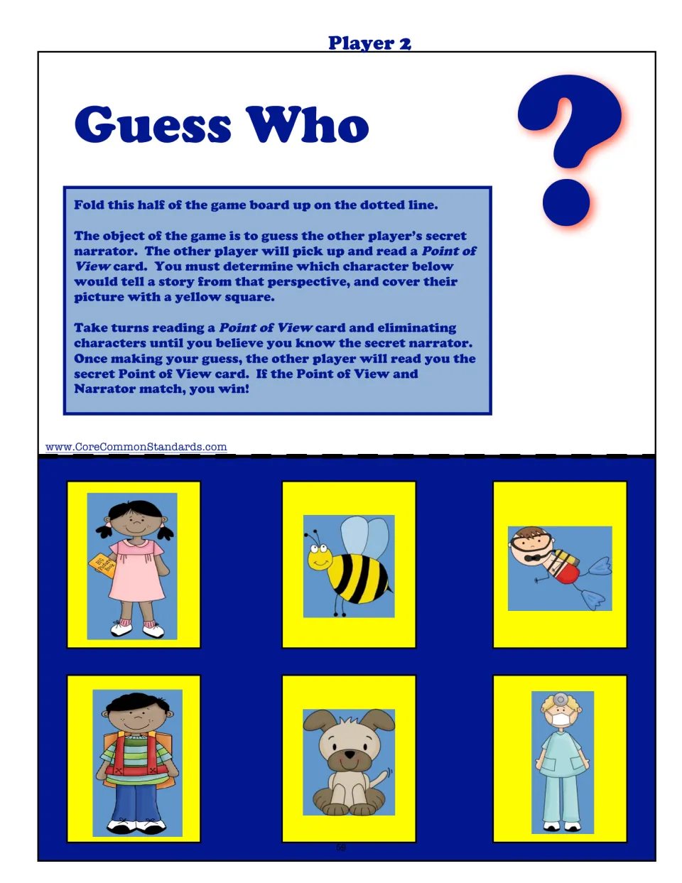 Player 2 game board for guessing narrators: a girl, bee, snorkeler, boy with a backpack, dog, and dentist