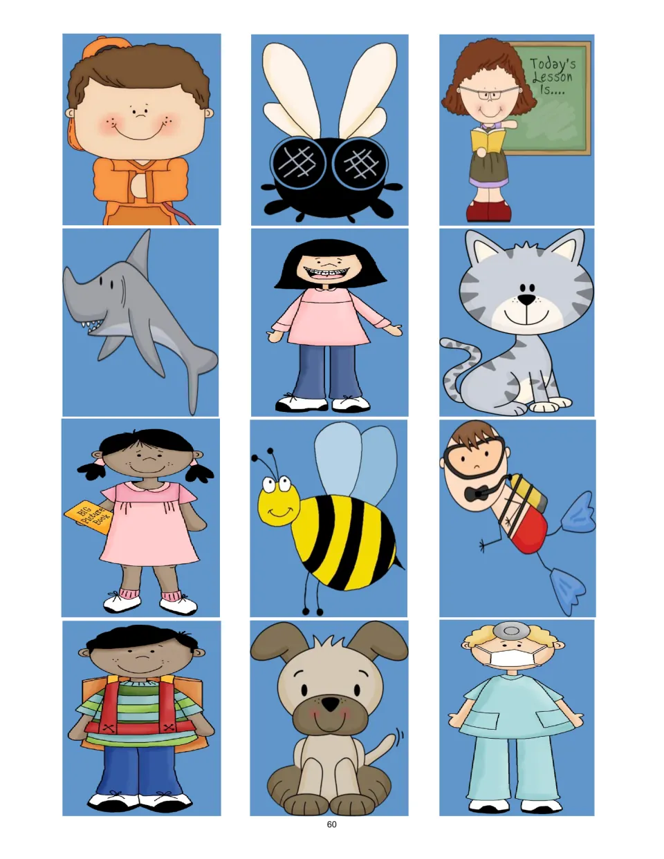 Character picture sheet for the narrator game includes all 12 choices, including a fly, shark, cat, and dentist