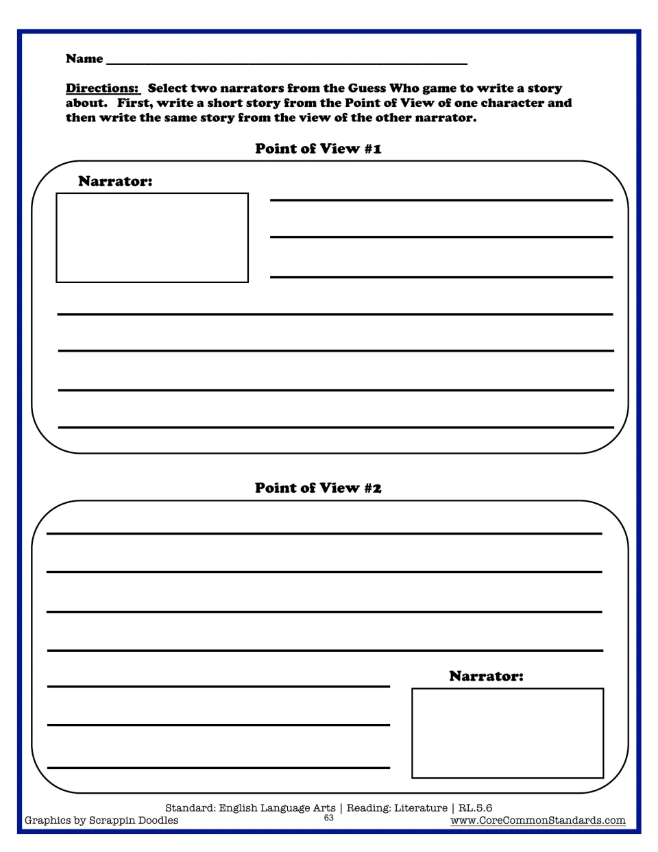 Writing sheet asks students to choose two game narrators and tell the same story from each character’s viewpoint