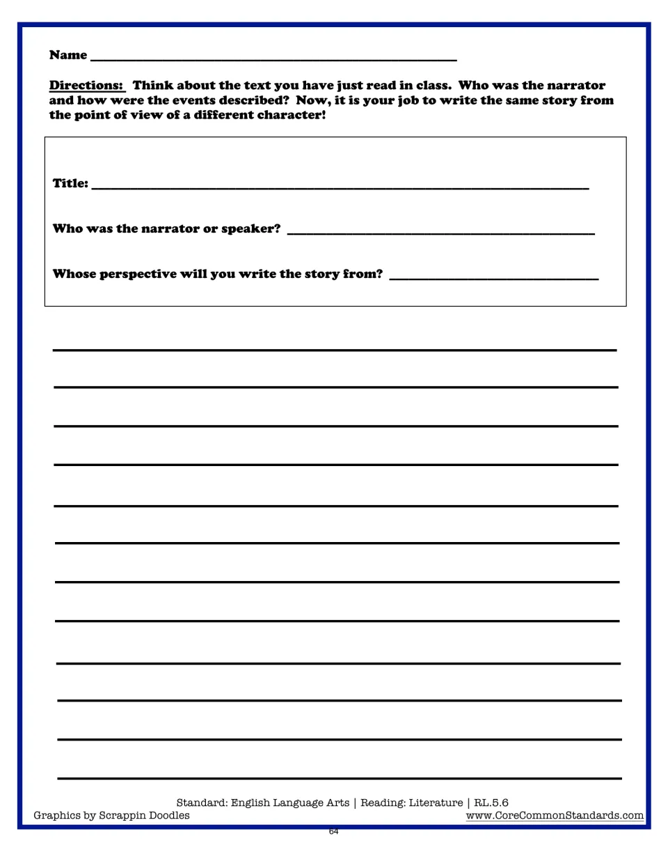 Writing sheet asks students to name a class text’s narrator and rewrite the story from another character’s view
