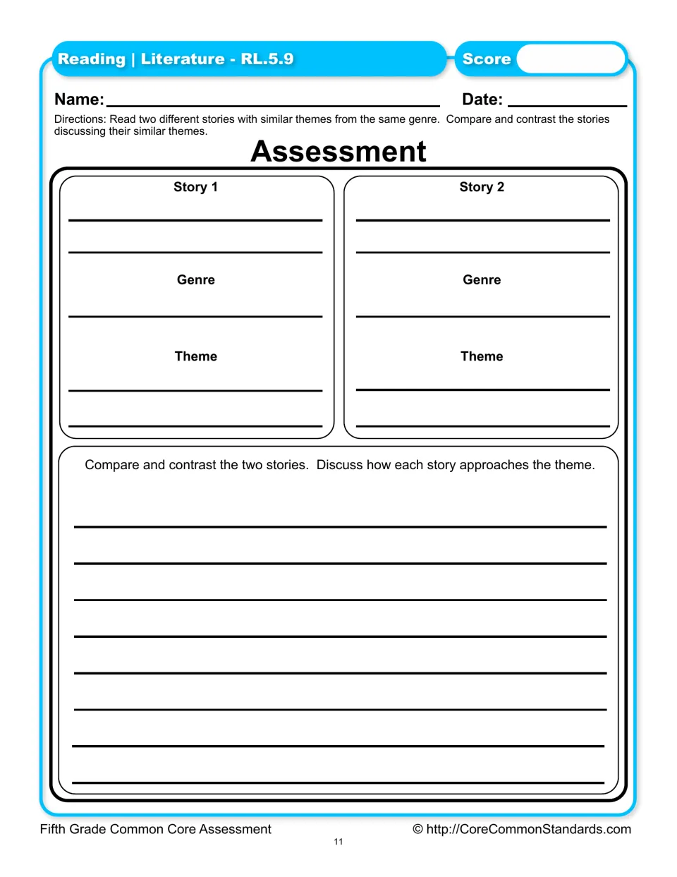 RL.5.9 assessment asks students to identify two stories' genres and themes and compare their approaches