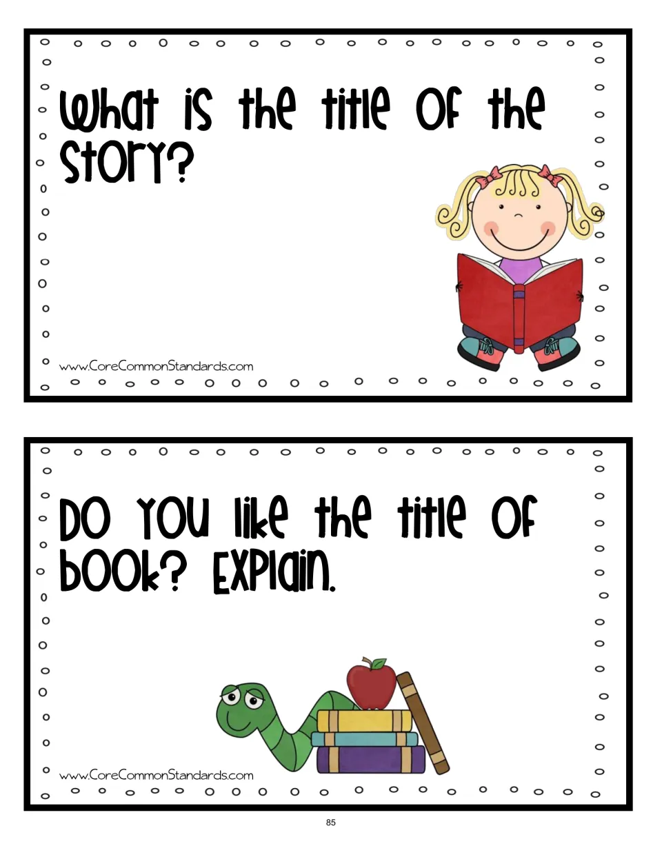 Discussion cards 1–2 ask students to name the story's title and explain whether they like the book's title